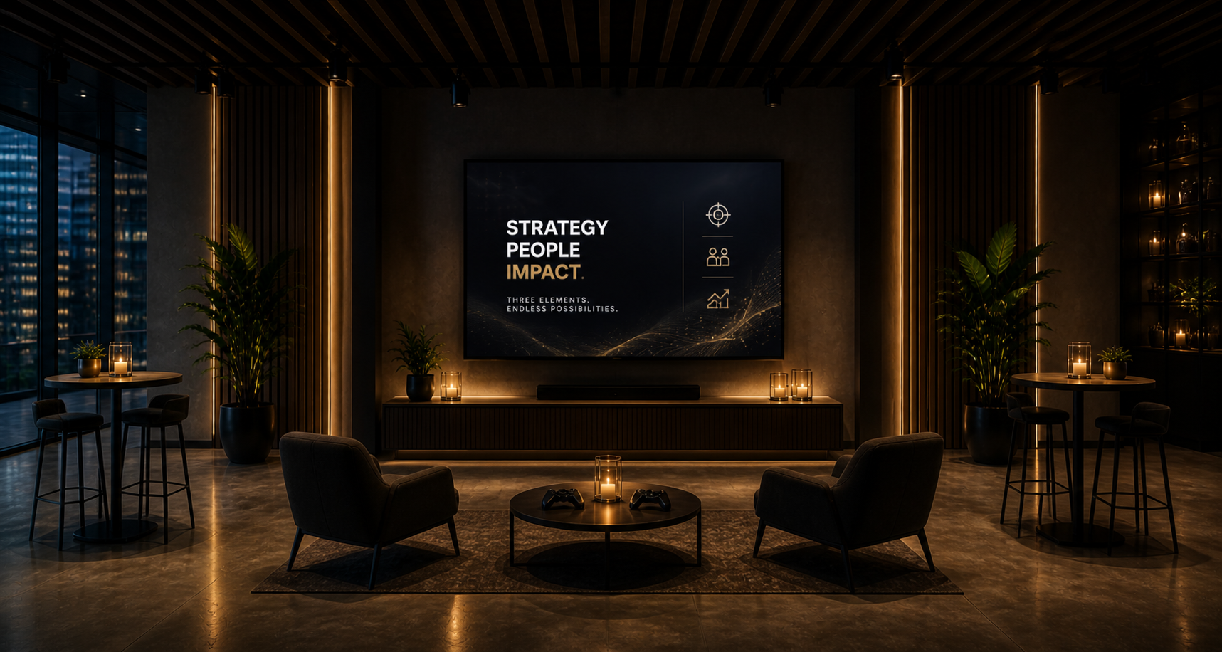 Menu firmowej gry integracyjnej wyświetlone na dużym ekranie w strefie MyCustoverse